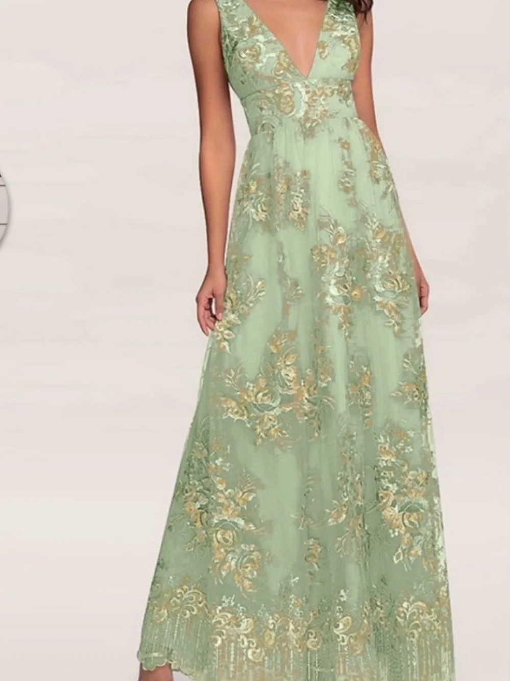 Azazie Mint Green Maxi Dress with Gold Floral Embroidery - Picture 1 of 4
